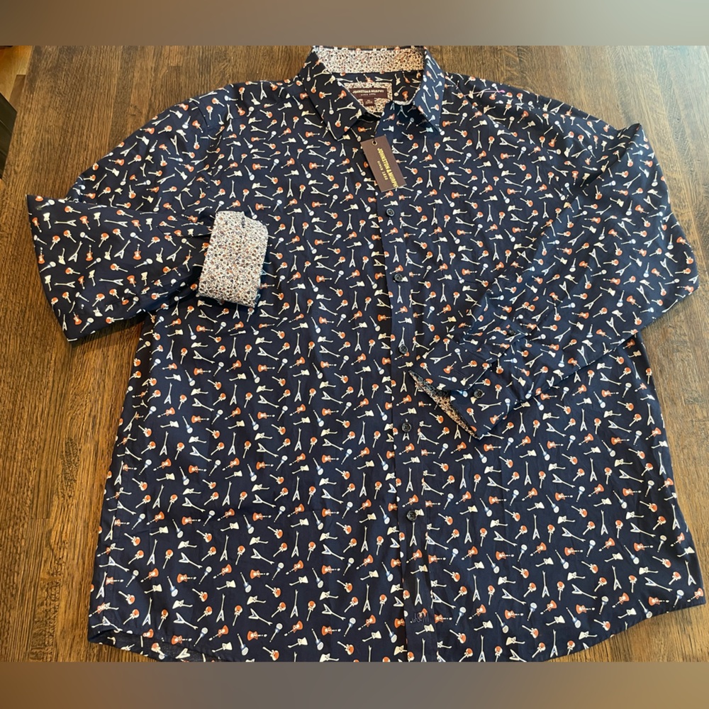 NWT Johnston & Murphy Navy Guitar Button Down Shirt Classic Preppy - Size XL